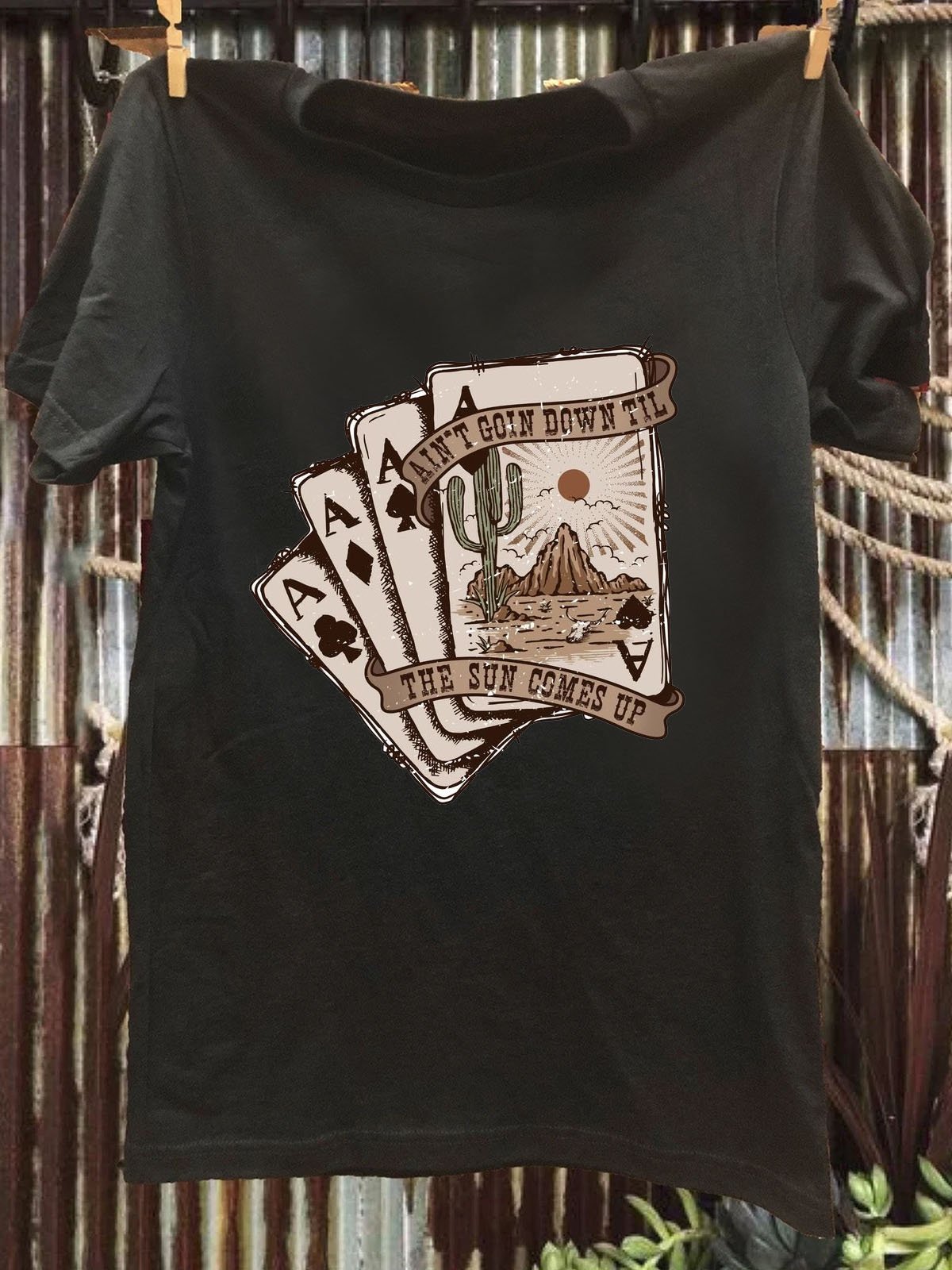 Crew Neck Western Style Scenery Cotton-Blend T-Shirt