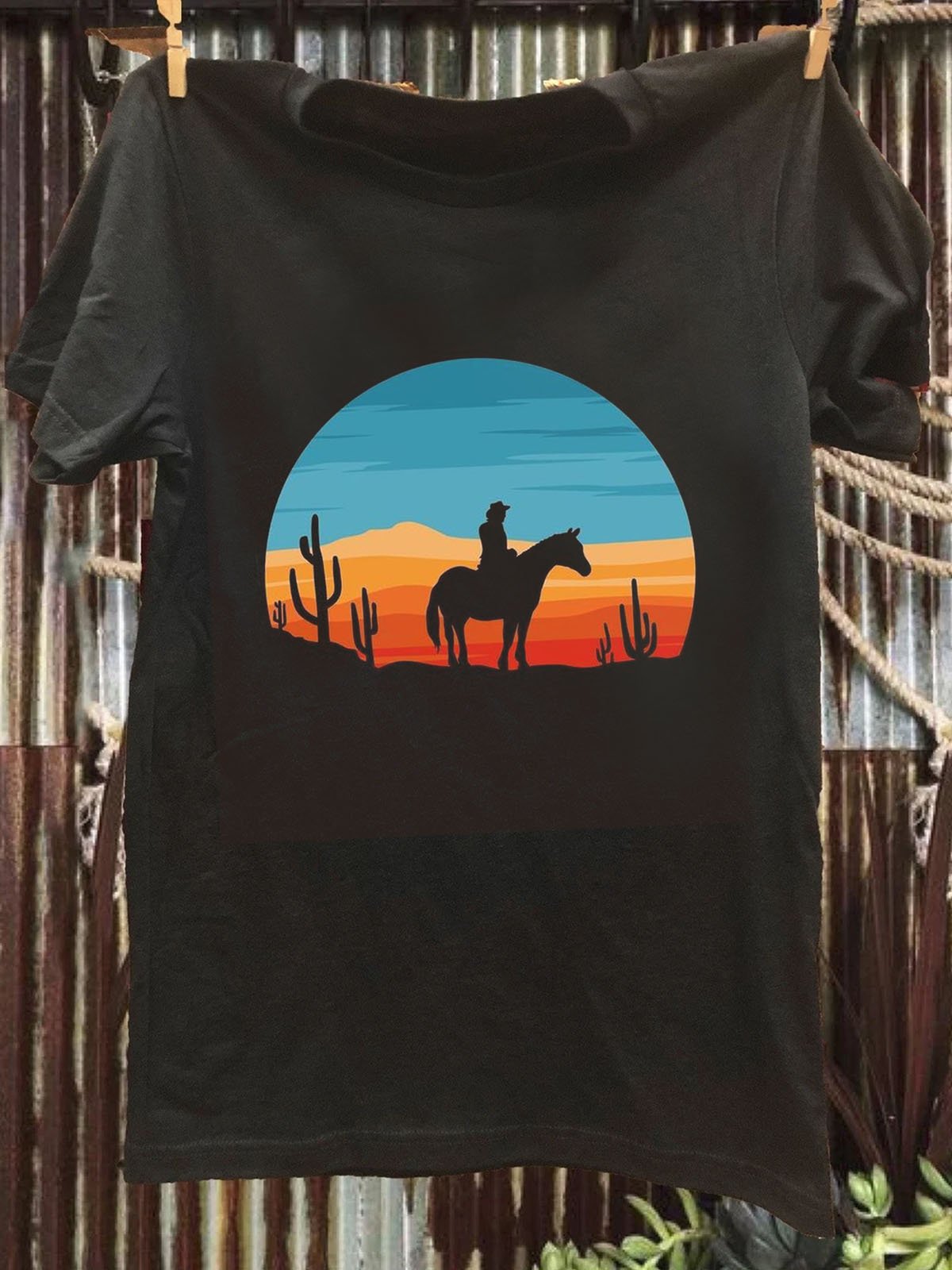 Scenery Crew Neck Cotton-Blend Western Style T-Shirt