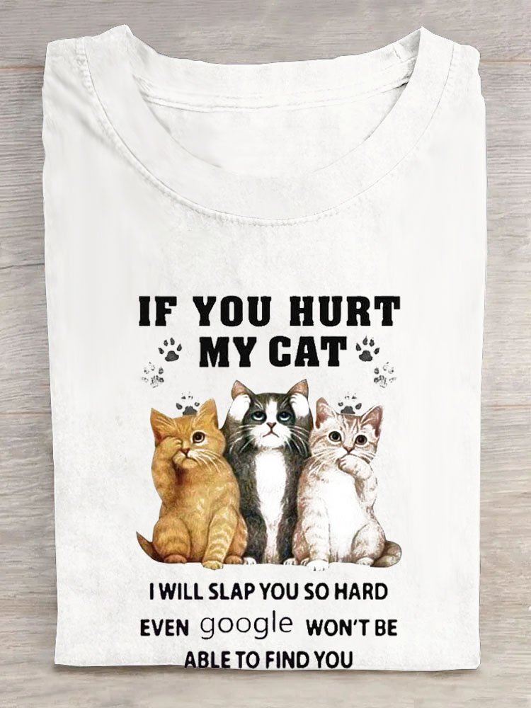 Cat & Text Letters Printed Crew Neck T-Shirt