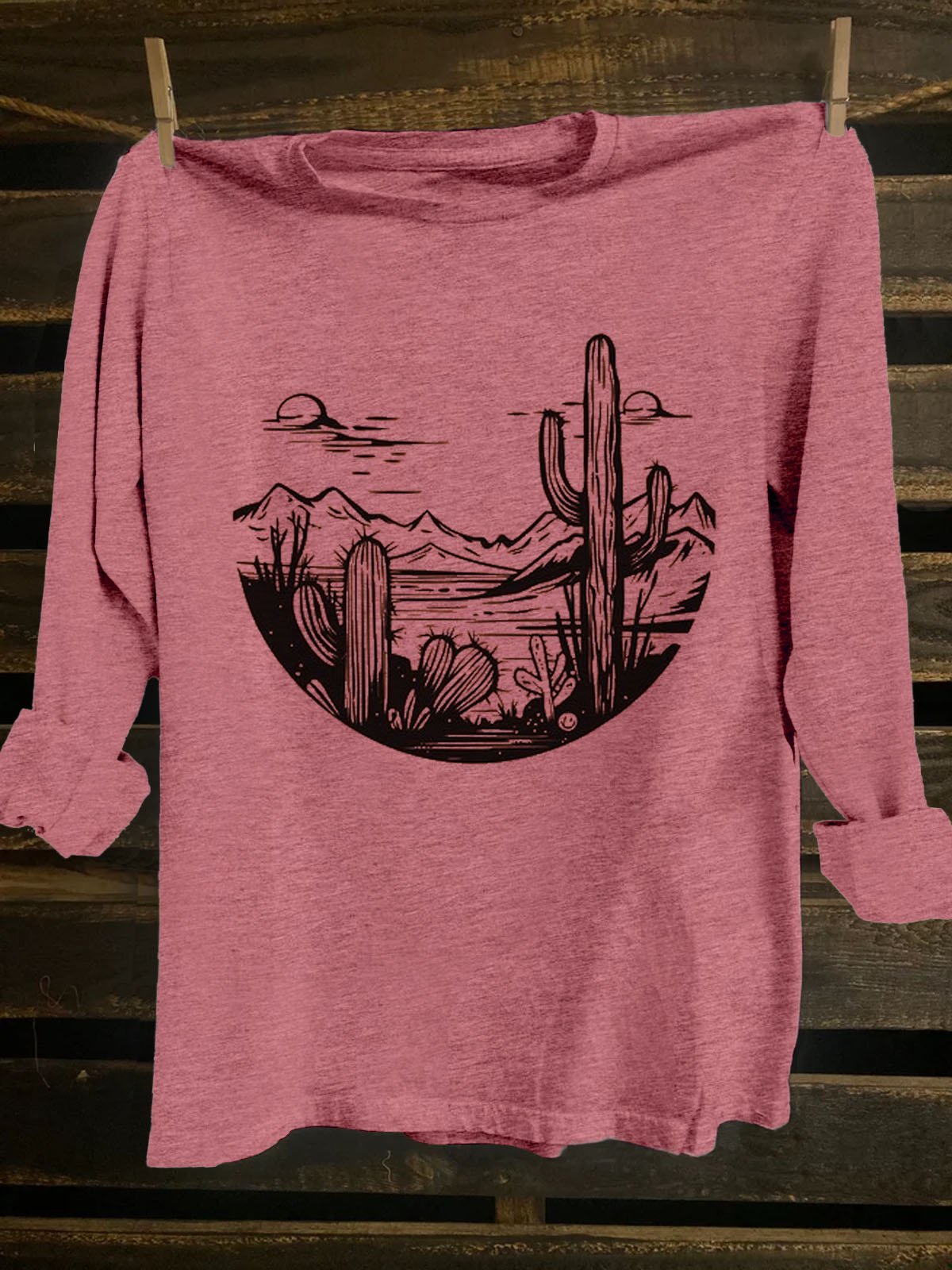 Crew Neck Western Style Loose Landscape Print T-Shirt