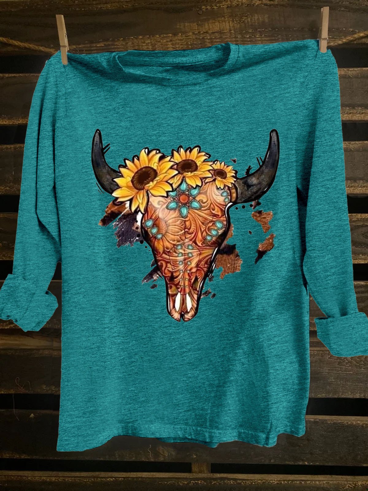 Cotton-Blend Loose Crew Neck Western Style T-Shirt