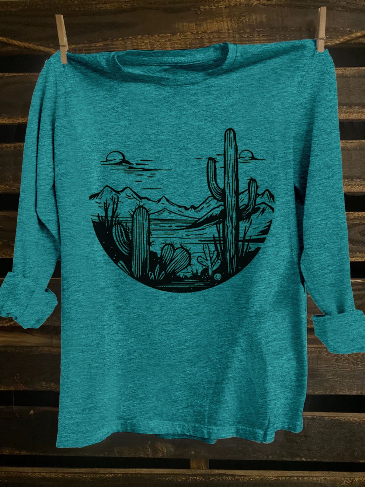 Crew Neck Western Style Loose Landscape Print T-Shirt