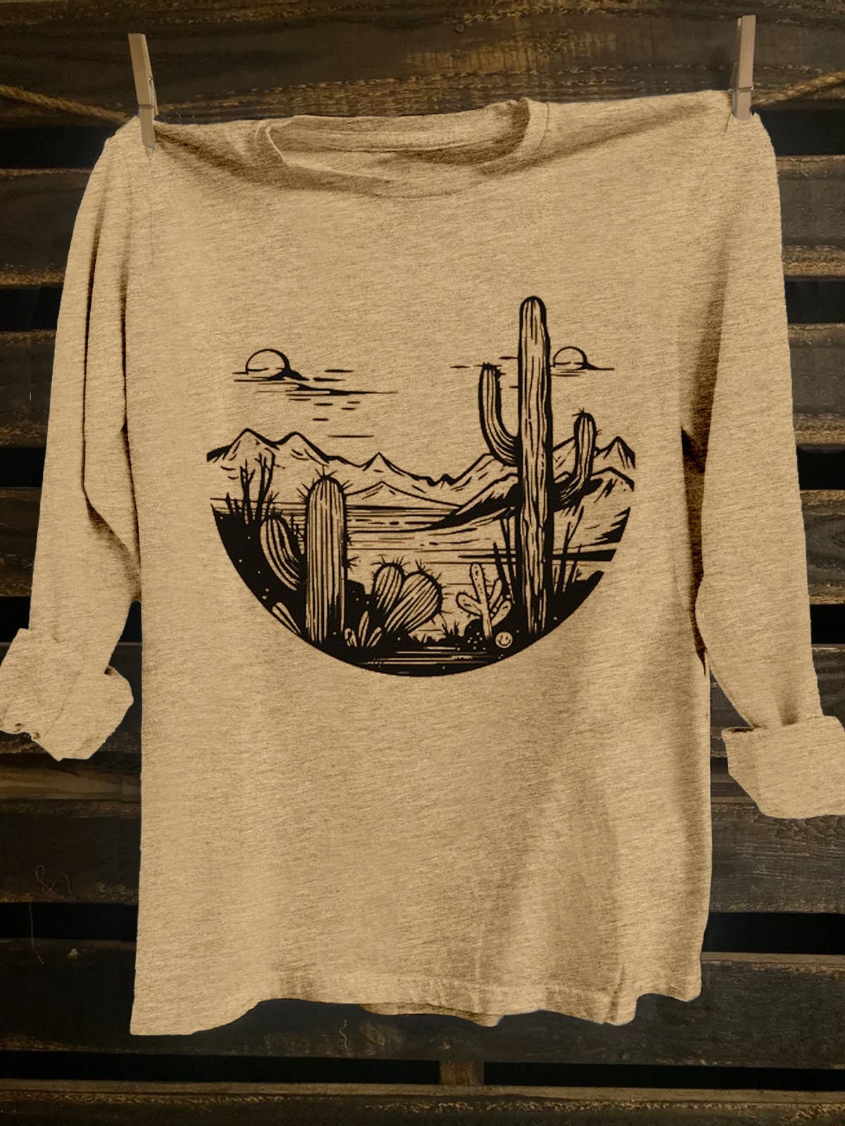 Crew Neck Western Style Loose Landscape Print T-Shirt