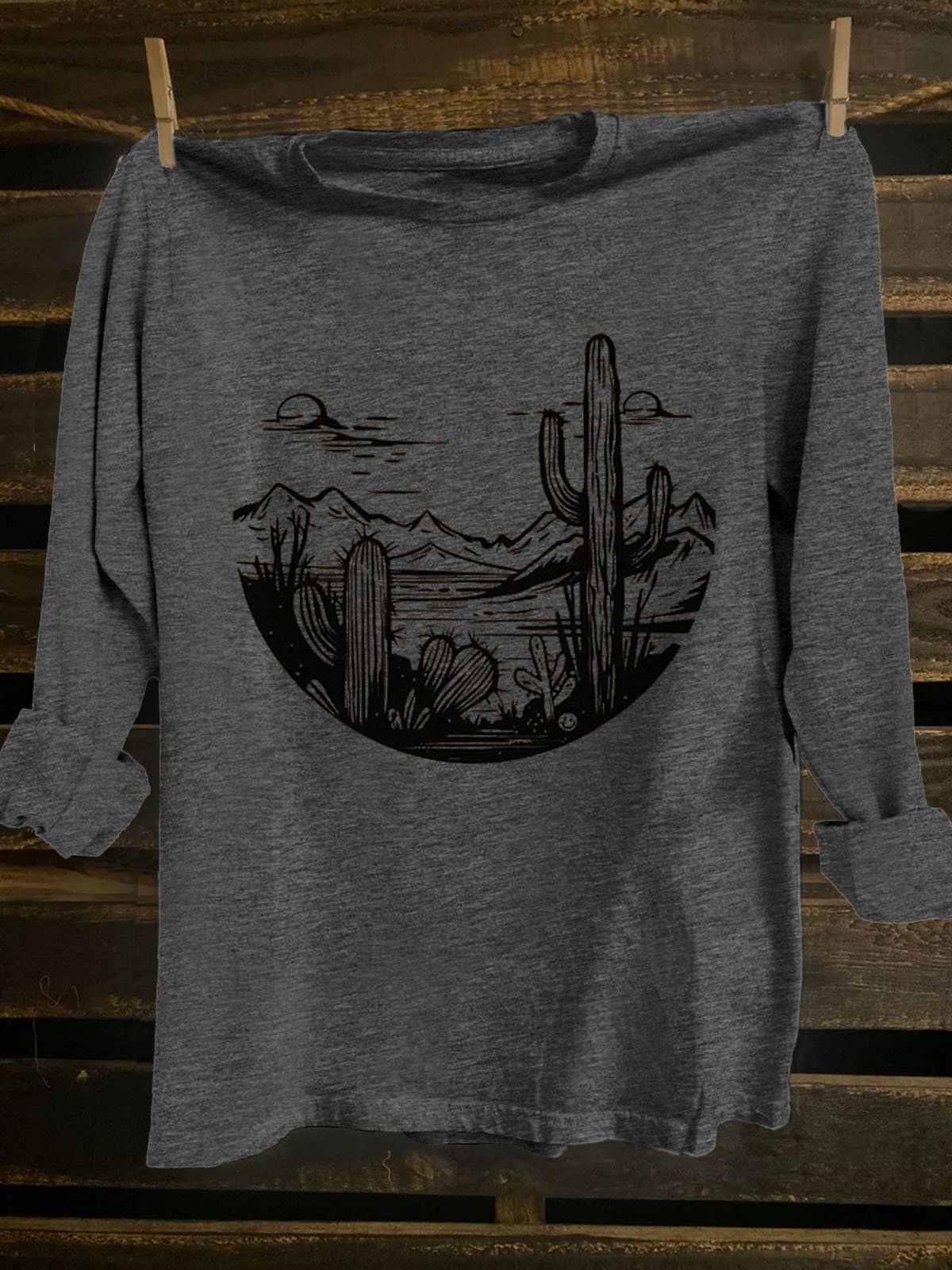 Crew Neck Western Style Loose Landscape Print T-Shirt