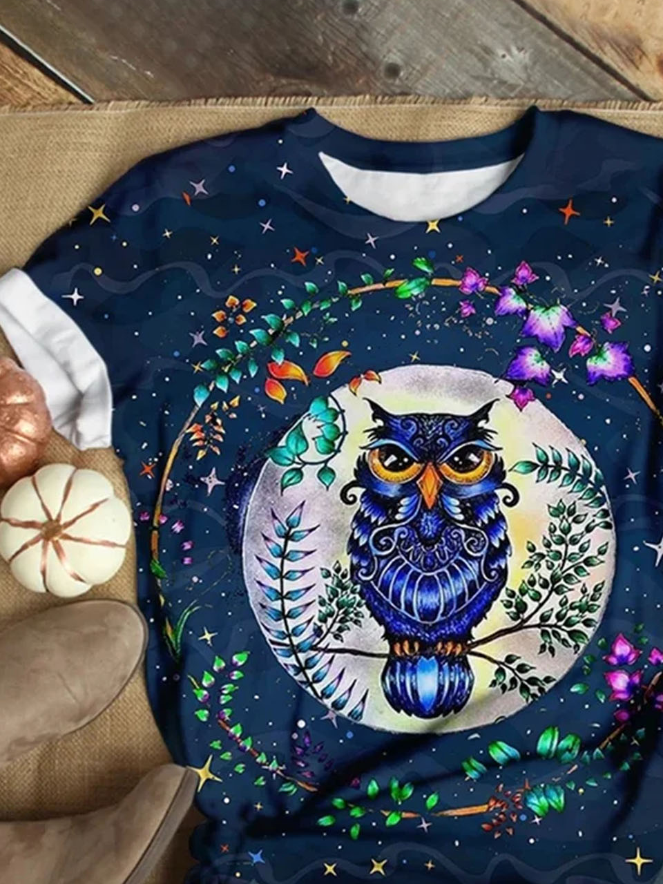 Owl print round neck short sleeved casual T-shirt