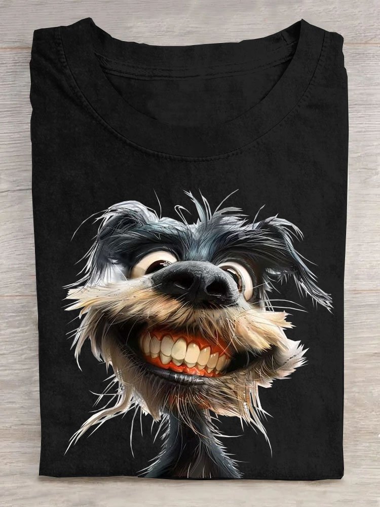 Funny Toothed Dog Printed Round Neck T-shirt