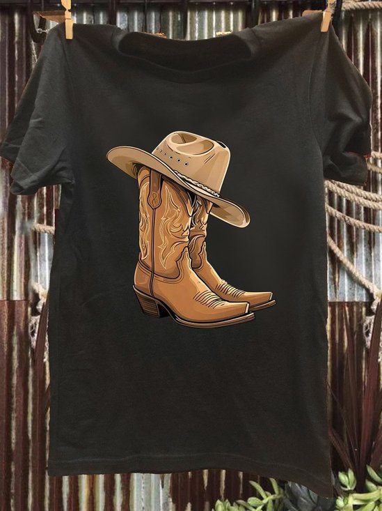 Women's Short Sleeve Cowboy Boots And Hat Monogram Print T-Shirt Casual Short Sleeve Crew