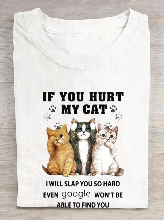 Cat & Text Letters Printed Crew Neck T-Shirt