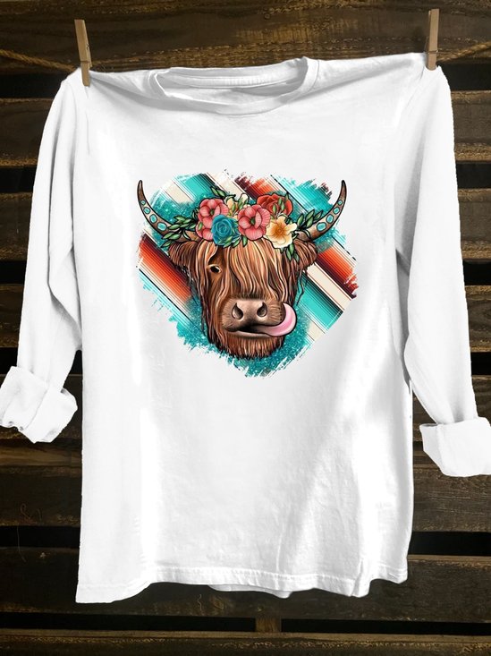 Crew Neck Cotton-Blend Western Style T-Shirt