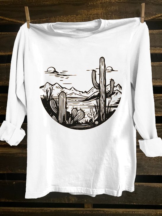Crew Neck Western Style Loose Landscape Print T-Shirt