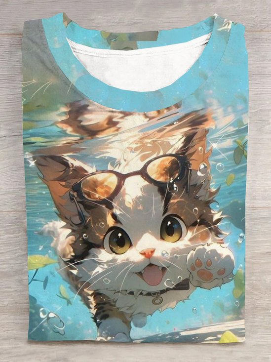 Swinging Cat Crew Neck Casual T-Shirt