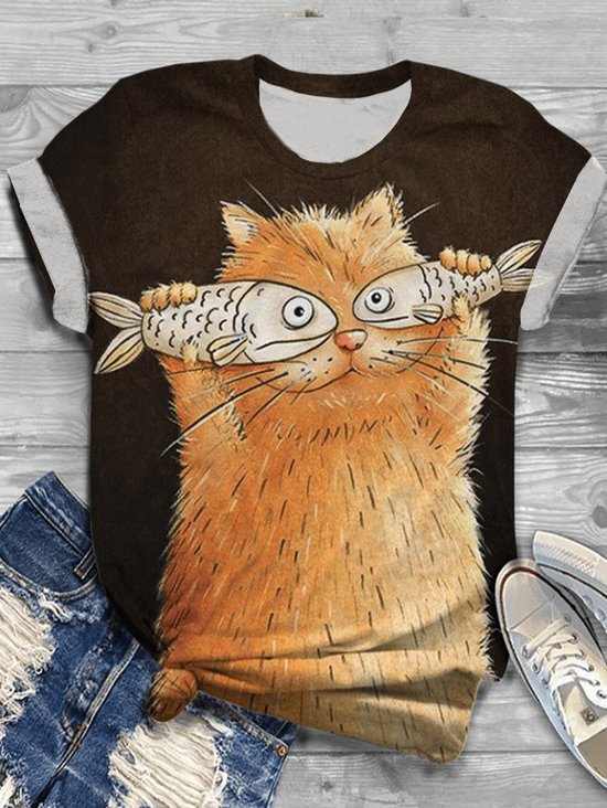 Casual Cat Crew Neck Jersey T-Shirt