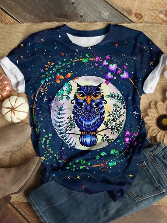 Owl print round neck short sleeved casual T-shirt
