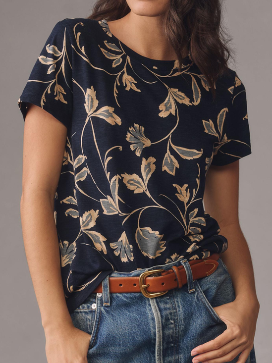 Women's Round Neck Pullover Floral T-Shirt