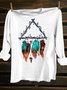 Cotton-Blend Crew Neck Feather Pattern Western Style T-Shirt