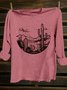 Crew Neck Western Style Loose Landscape Print T-Shirt