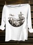 Crew Neck Western Style Loose Landscape Print T-Shirt
