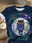 Owl print round neck short sleeved casual T-shirt