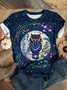 Owl print round neck short sleeved casual T-shirt