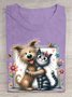 Funny Cat and Dog Printed Round Neck T-shirt