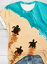 Beach turtle print round neck casual T-shirt
