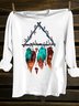 Cotton-Blend Crew Neck Feather Pattern Western Style T-Shirt