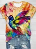 Artistic bird print round neck short sleeved casual T-shirt